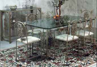 Large rose pattern wrought iron dining set of chairs with table and glass