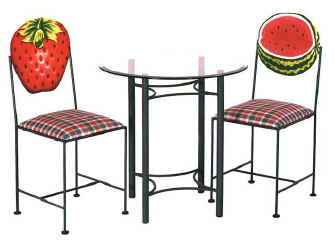 Strawberry and watermelon hand painted chairs with glass table base