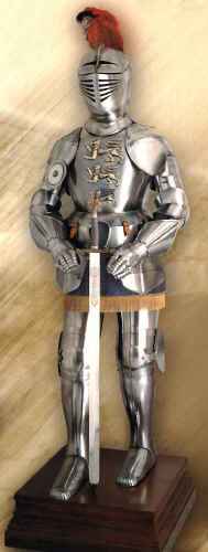 Spanish suit of armor with wood stand and medieval sword