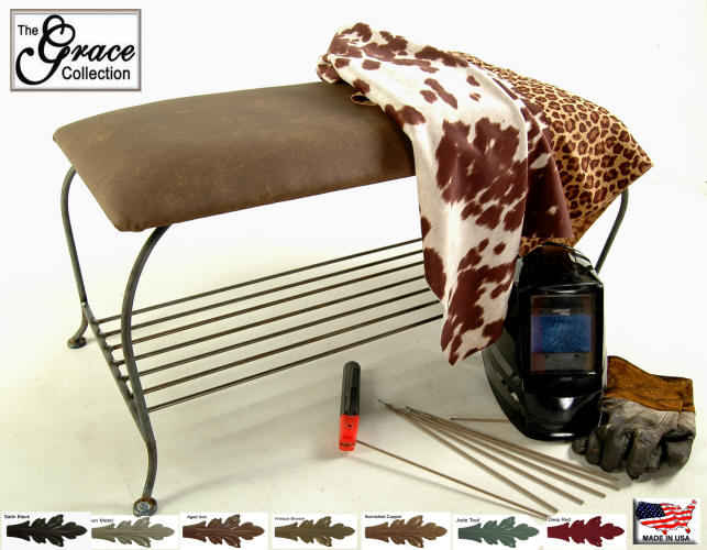 rought iron storage bench composite showing welding mask, rod, fabrics and finishes