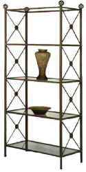 Modern neoclassic style wrought i=ron display etagere with tempered glass shelves