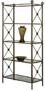 Modern wrought iron etagere with tempered glass shelves