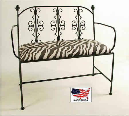 Wrought iron love seat with curls and Zou Zou zebra faux fur upholstered seat