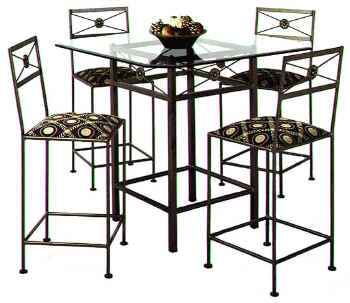 Modern Neoclassic wrought iron bar stool and table dining group with glass top