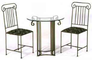 Roman column iron bistro chairs and table with glass