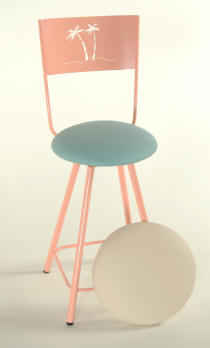 Palm tree bar stool in coral finish with teal seat