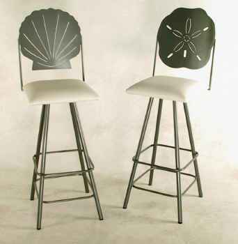 Swivel wrought iron stools with sea shells