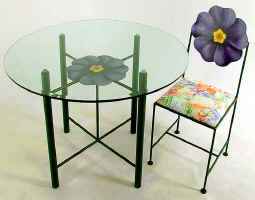 Hand painted primrose flower dining chair with table base and glass top