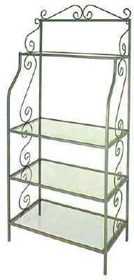 French traditional wrought iron etagere with iron side scrolls and tempered glass shelves