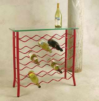 Wrought iron wine rack server with glass table top in red finish